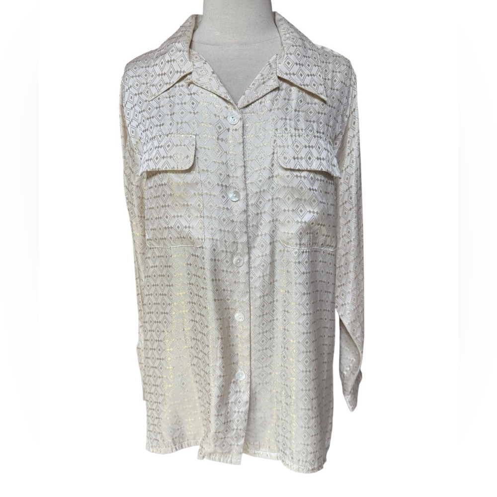 1980s Matthew S. Silk & Gold Metallic Lame Geometric Design Button‎ Down Blouse